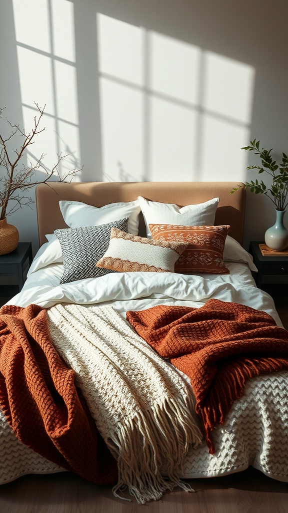 A cozy bed with various textured throws and pillows in warm colors.