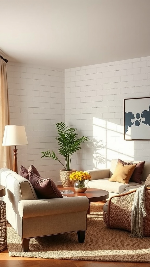 Cozy living room with textured walls, stylish furniture, and warm lighting.