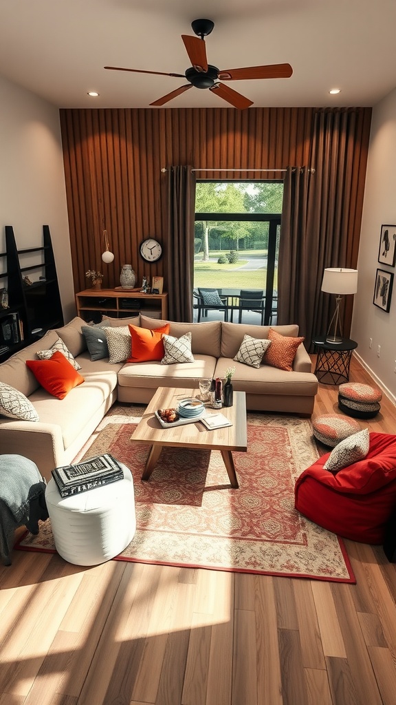 A cozy living room with two individuals playing a game at a coffee table, surrounded by comfortable seating and natural light.