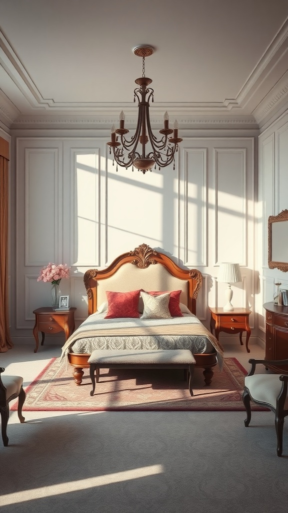 A beautifully furnished bedroom featuring a classic bed, elegant chandelier, and warm wooden furniture.