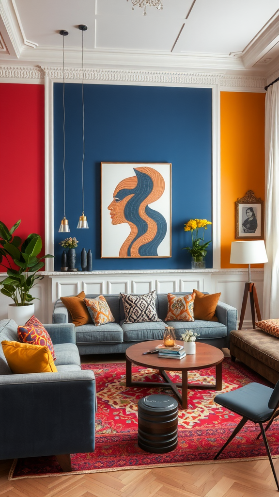 Living room featuring an accent wall with vibrant colors and modern decor.