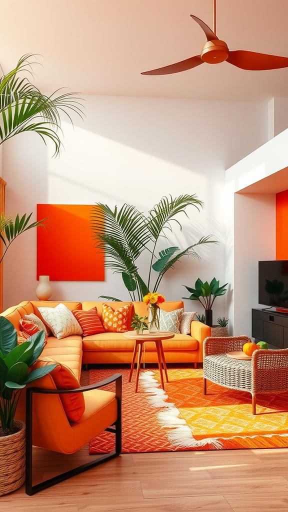 A vibrant orange living room with tropical decor, featuring orange walls, light curtains, and lush green plants.