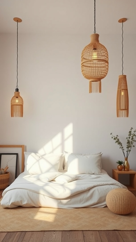 A cozy boho bedroom featuring unique woven pendant lights hanging over a bed.