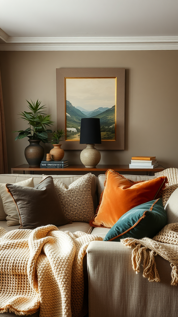 A cozy living room with a grey sofa adorned with various textured pillows and blankets in warm and cool colors.