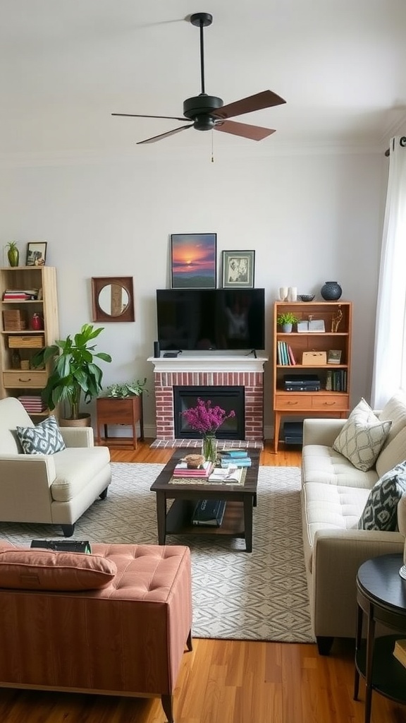 A well-decorated living room featuring a blue dresser, wooden furniture, and plants, showcasing an upcycling theme.