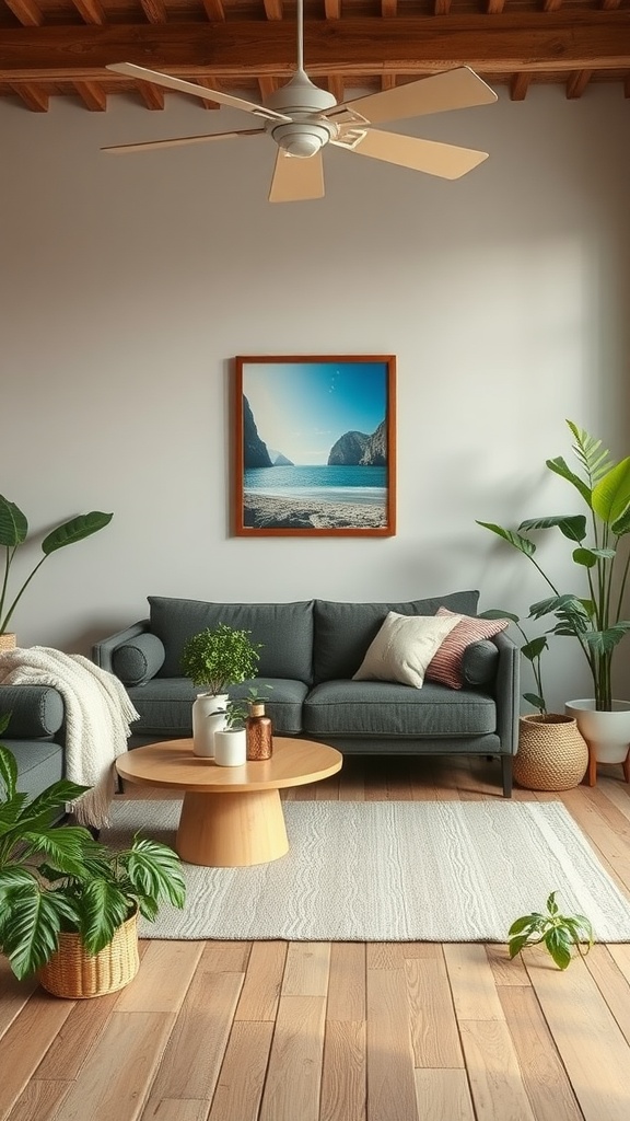 A cozy green living room featuring a wooden coffee table, plants, and a comfortable couch.