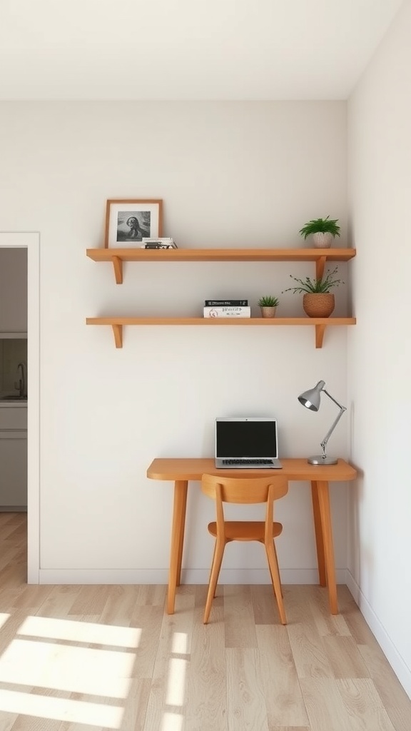 A small, minimalistic workspace with a wall-mounted desk and shelves, creating an open feel.