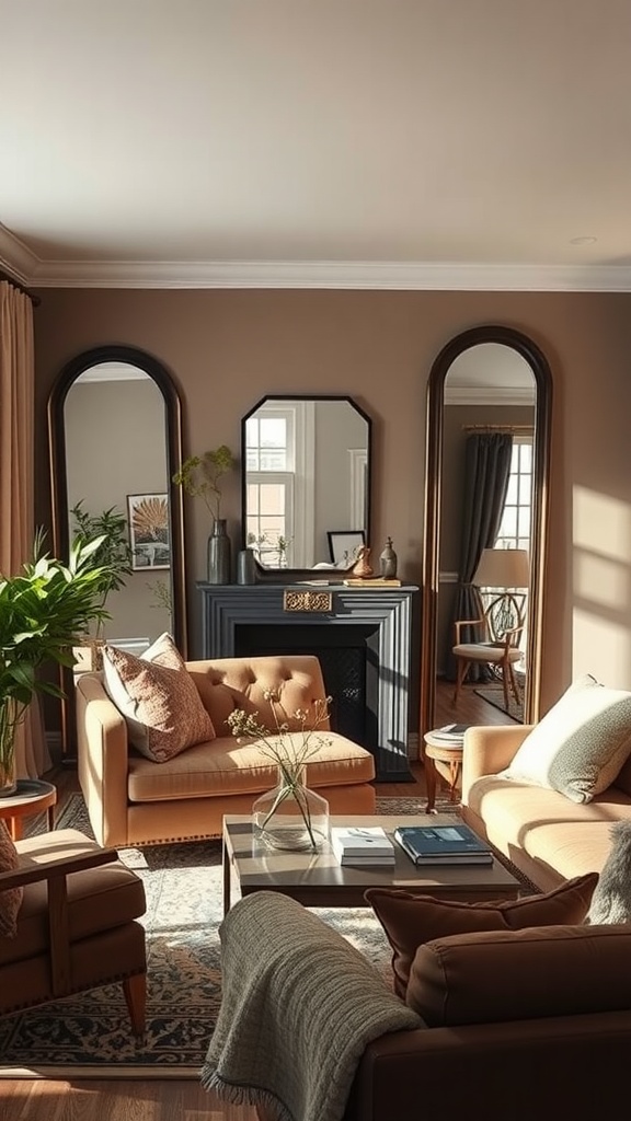 Cozy living room featuring mirrors and earthy tones