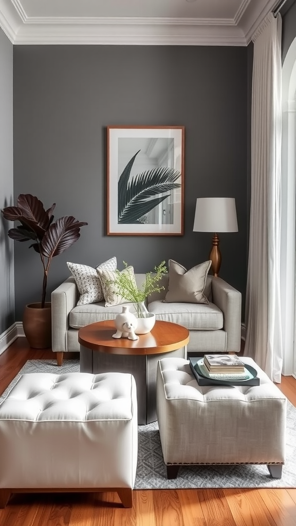 A cozy small living room featuring light-colored furniture and stylish ottomans.