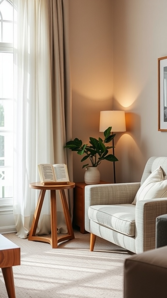 Cozy corner of a living room with a chair, plant, and lamp.