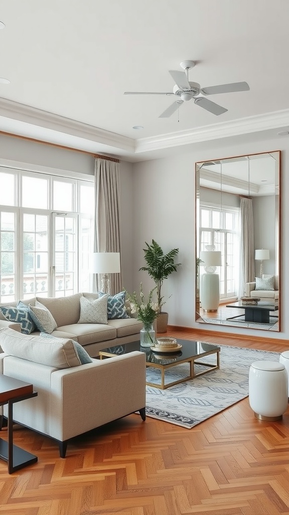 A bright living room featuring a large mirror, light-colored sofa, and stylish decor.