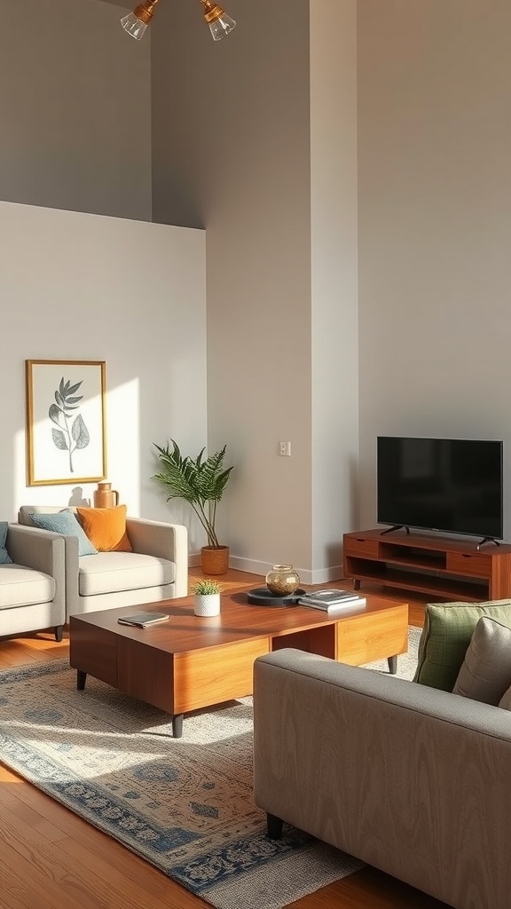 A stylish living room featuring multi-functional furniture with a cozy vibe.