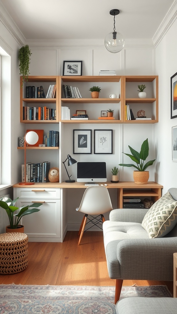 A cozy small living room with a desk, bookshelf, and plants.