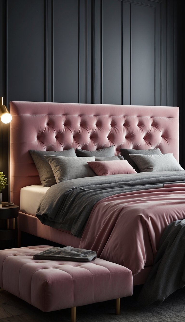 A pink velvet headboard stands against a grey wall in a bedroom. Shades of pink and grey decorate the room, creating a serene and elegant atmosphere