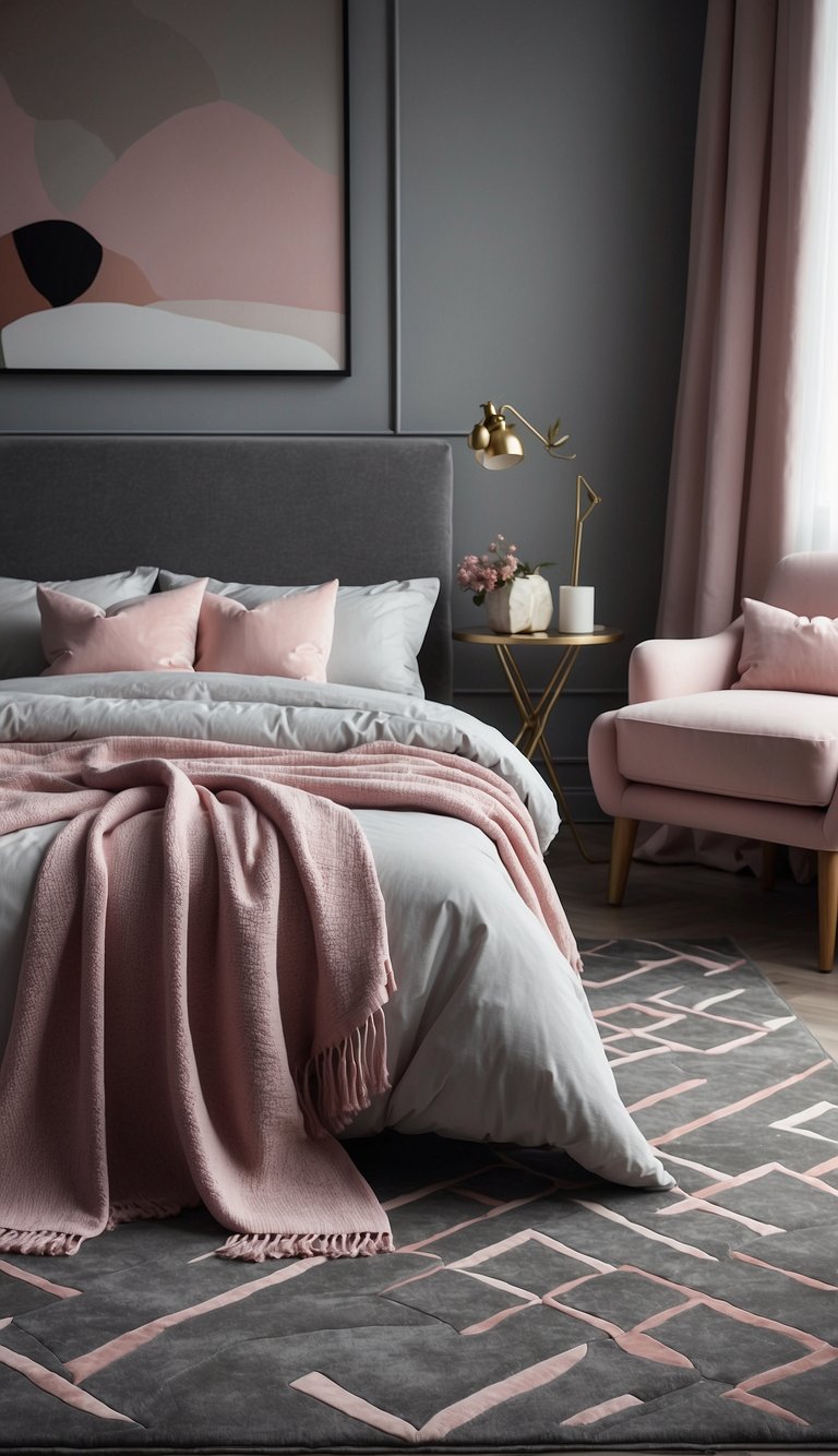 A grey and pink geometric rug lies in the center of a stylish bedroom, surrounded by 23 grey and pink decor ideas