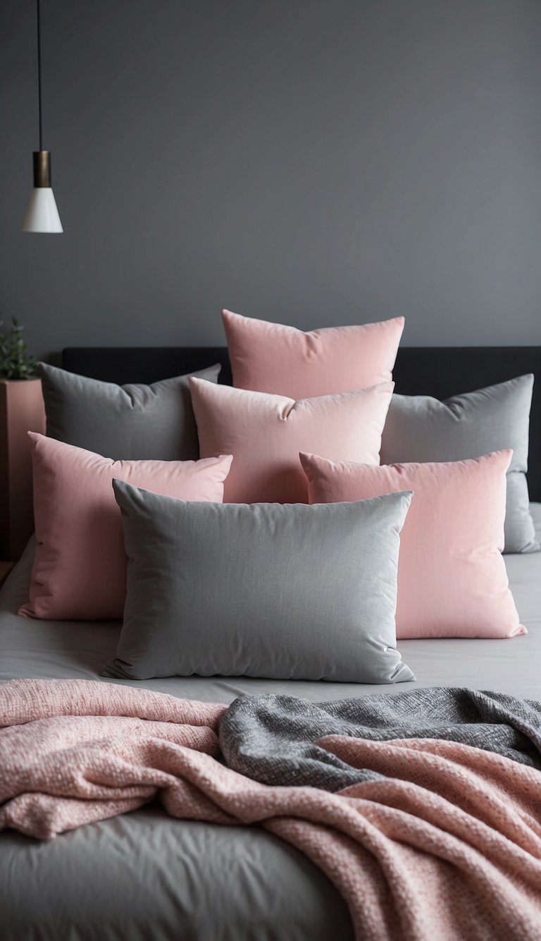 Blush pink throw pillows on a grey bed in a bedroom with pink accents