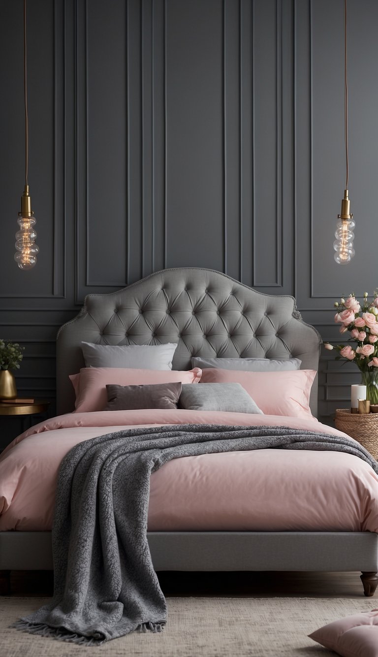 A grey upholstered bed frame sits in a bedroom with grey and pink decor