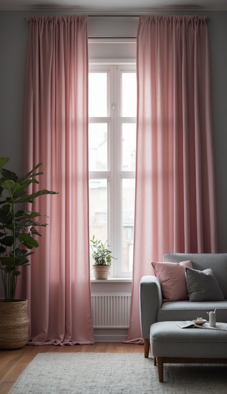 Pink and grey ombre curtains hang in a cozy bedroom setting