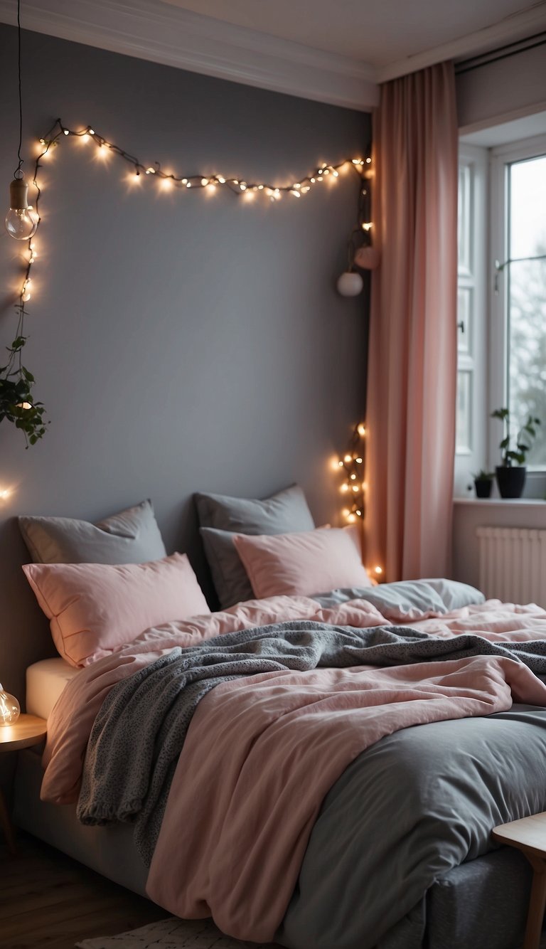 Soft pink fairy lights illuminate a cozy grey and pink bedroom