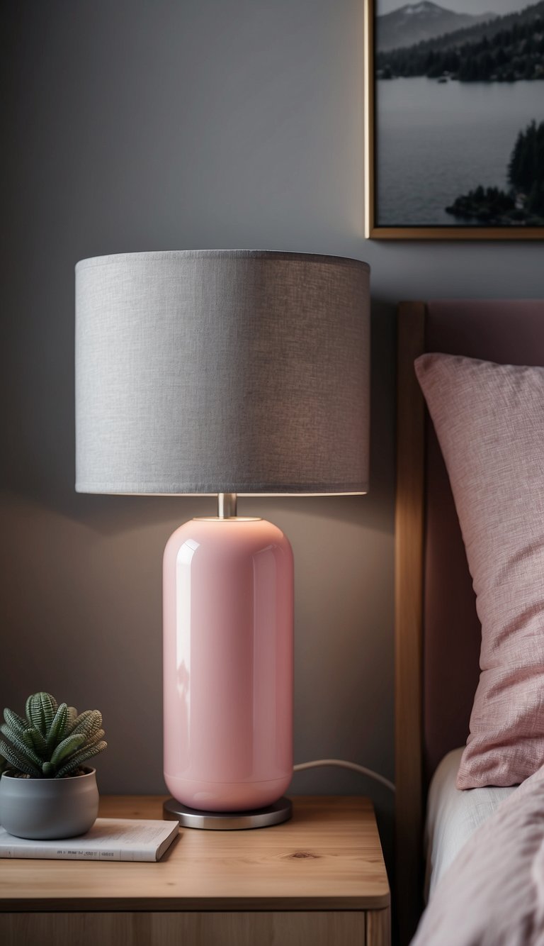 A blush pink bedside lamp illuminates a cozy grey and pink bedroom, creating a soft and inviting atmosphere