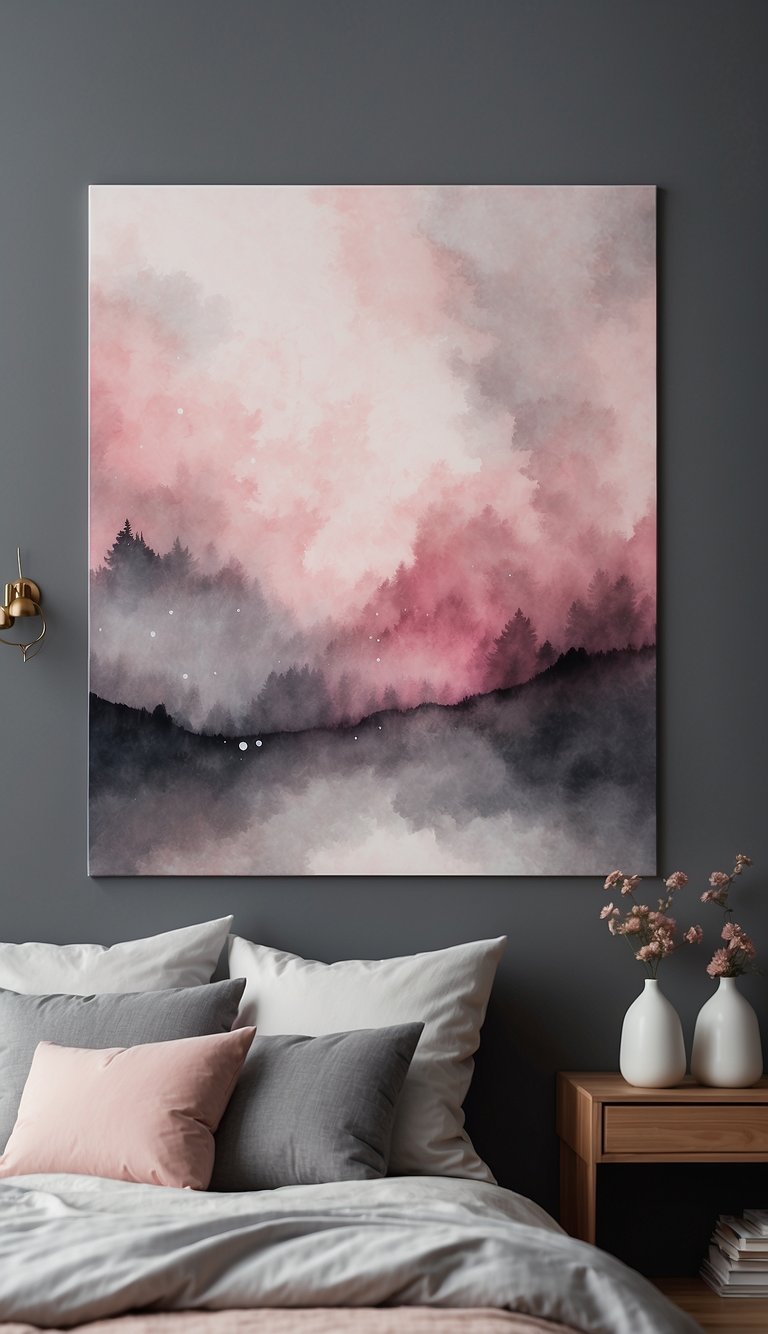 A watercolor wall art with grey and pink tones adorns a bedroom wall