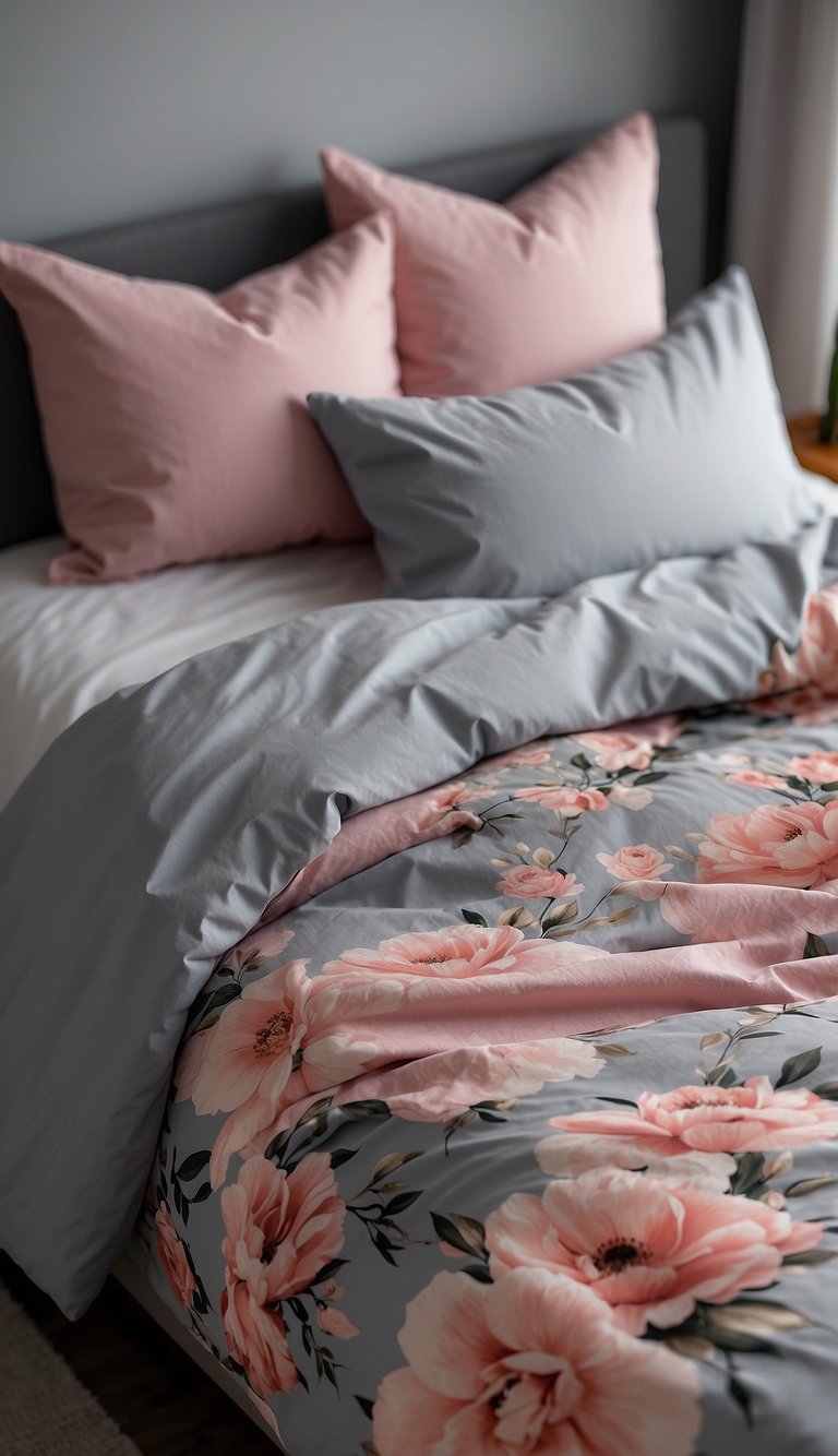 A pink and grey floral duvet cover adorns a cozy bedroom with 23 grey and pink decor ideas