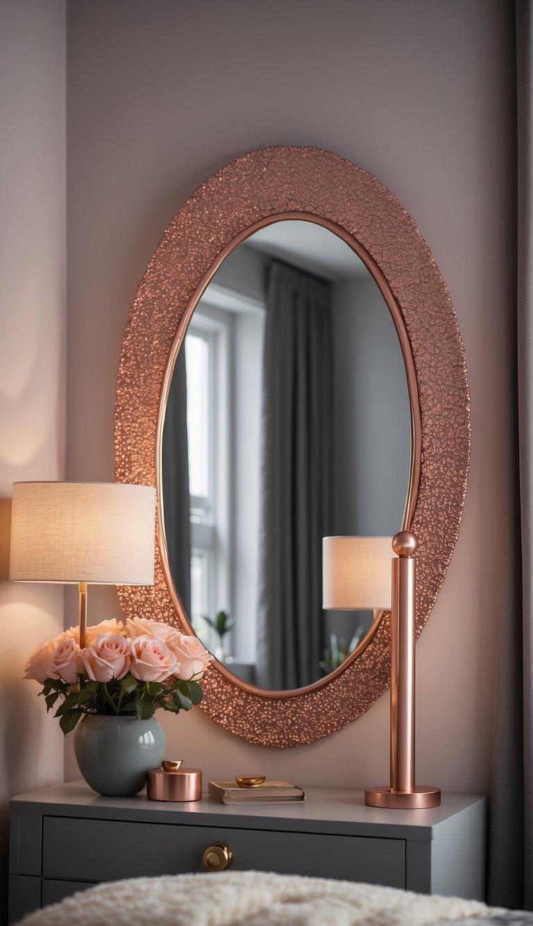 A rose gold accent mirror hangs on the wall of a cozy grey and pink bedroom, adding a touch of elegance to the space