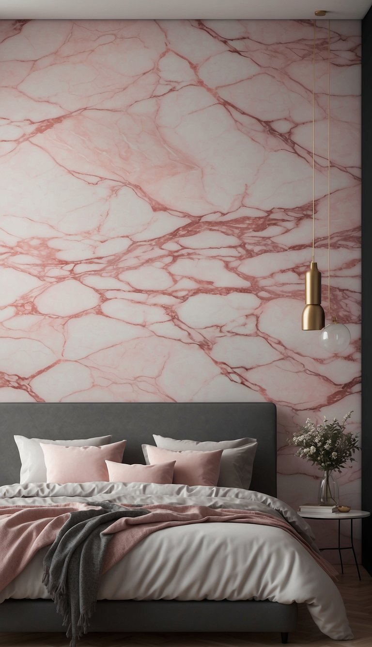 A bedroom with gray and pink marble wallpaper, featuring 23 grey and pink bedroom ideas