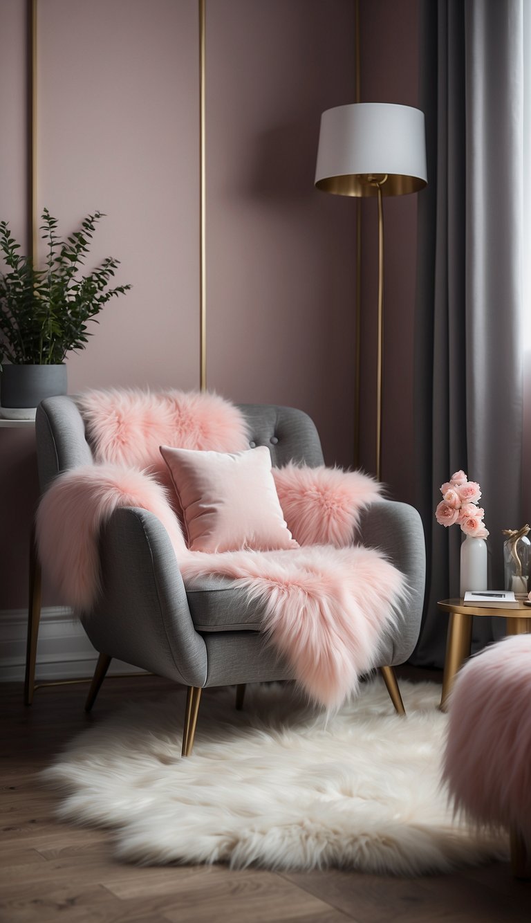 A pink faux fur accent chair sits in a stylish grey and pink bedroom, creating a cozy and trendy atmosphere