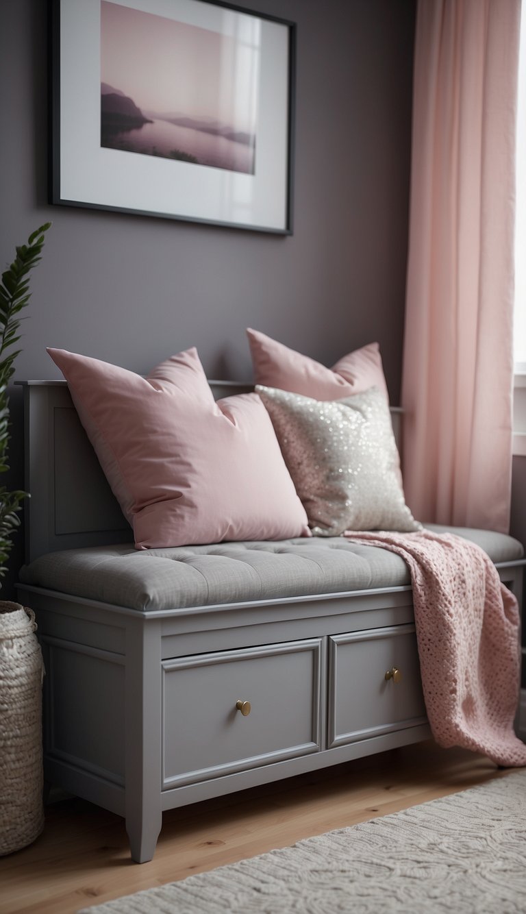 A grey storage bench sits in a pink and grey bedroom