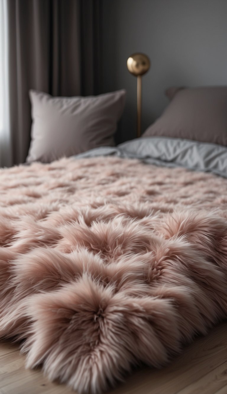 A blush pink area rug lies in a cozy grey and pink bedroom, creating a soft and inviting atmosphere