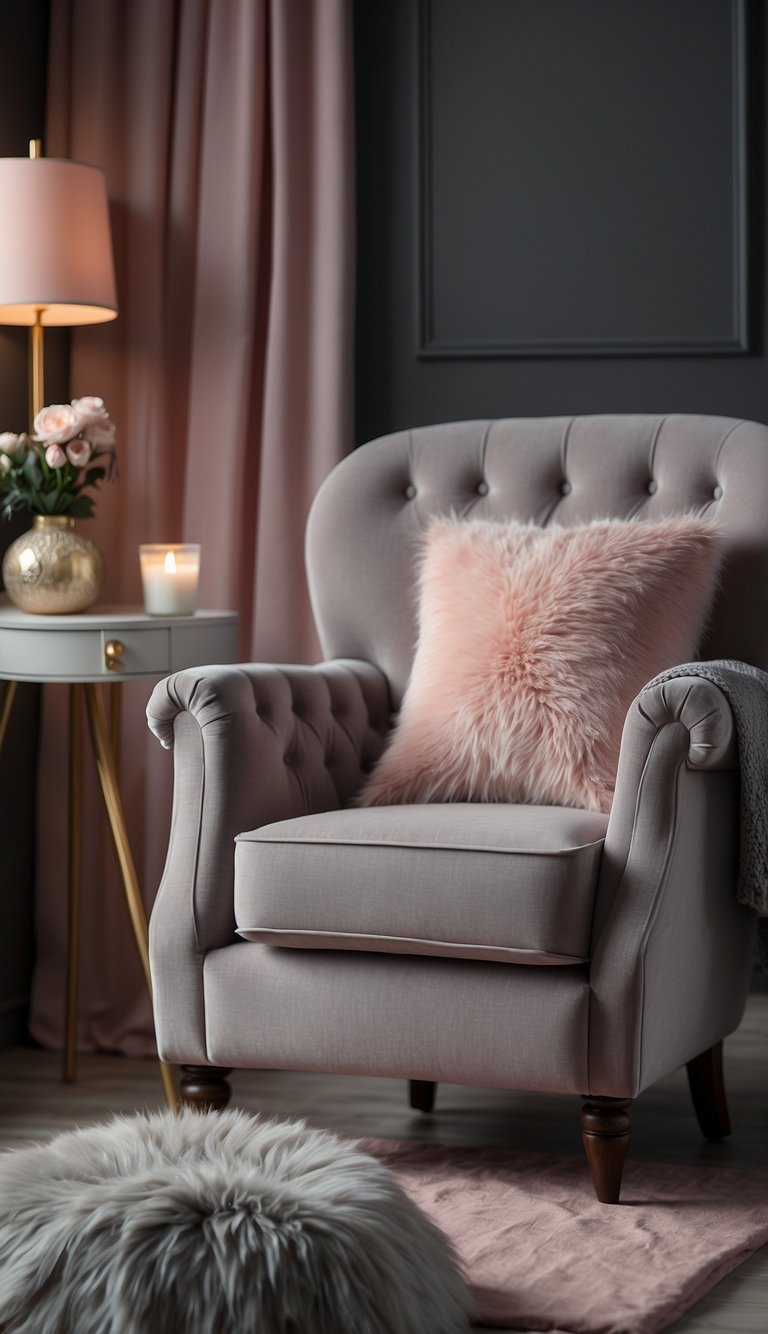 A grey tufted armchair sits in a cozy grey and pink bedroom, surrounded by soft textiles and warm lighting