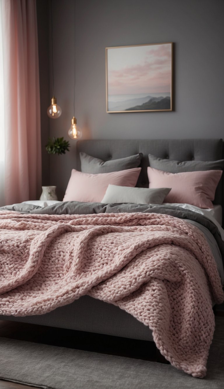 A pink knitted bed throw drapes over a cozy bed in a grey and pink bedroom, creating a warm and inviting atmosphere