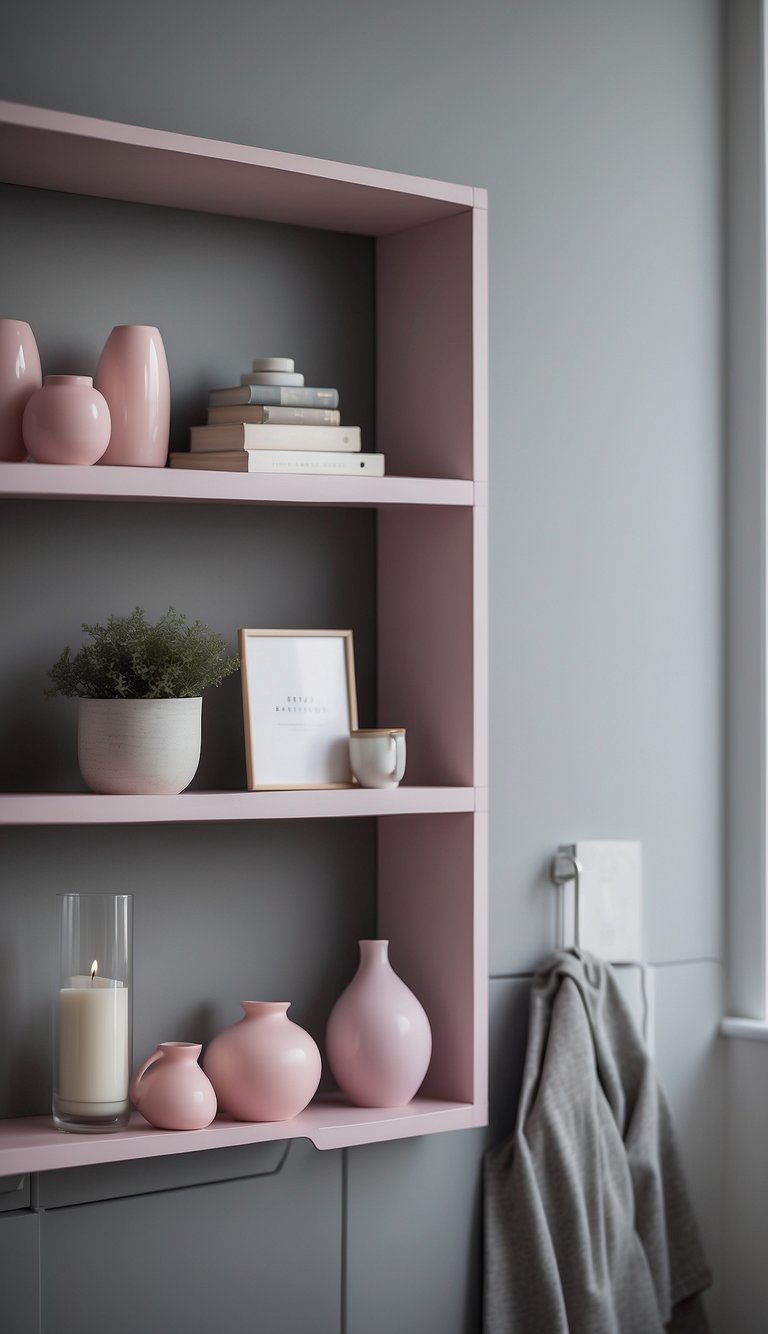 Grey floating shelves hold pink and grey decor in a serene bedroom