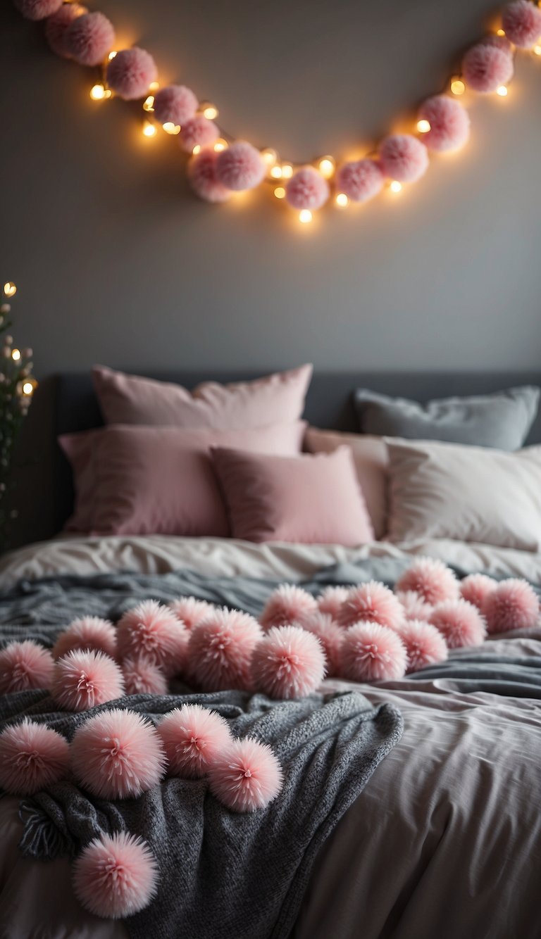 A pink pompom garland hangs above a grey and pink bedroom, creating a whimsical and cozy atmosphere