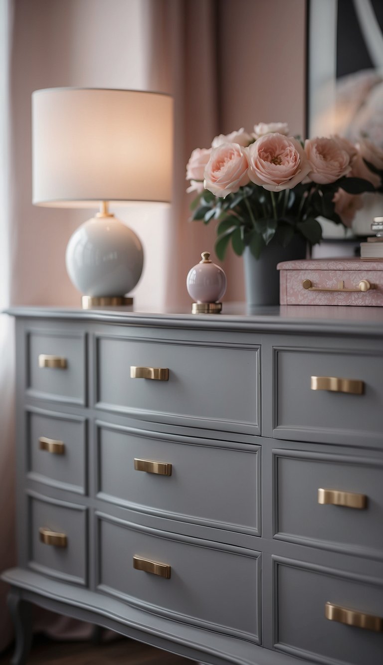 Blush pink dresser knobs adorn a sleek grey dresser in a serene pink and grey bedroom