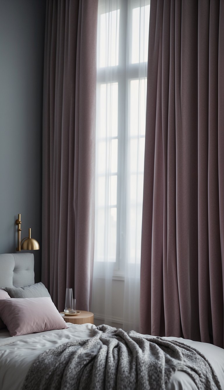 Grey velvet curtains hang in a bedroom with grey and pink decor