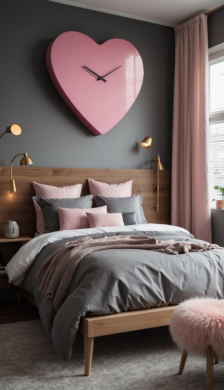 A pink heart-shaped wall clock hangs on the wall in a grey and pink bedroom, surrounded by 23 different decor ideas