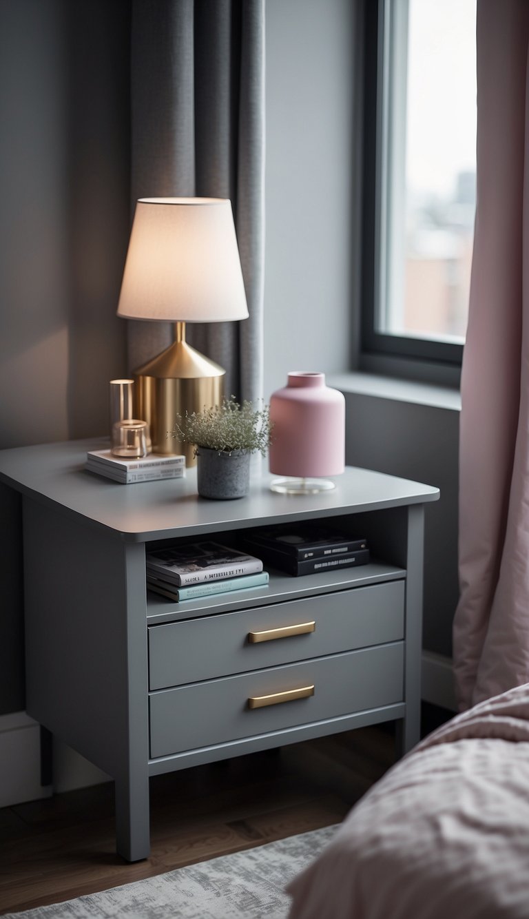 A grey nightstand with drawers stands in a grey and pink bedroom