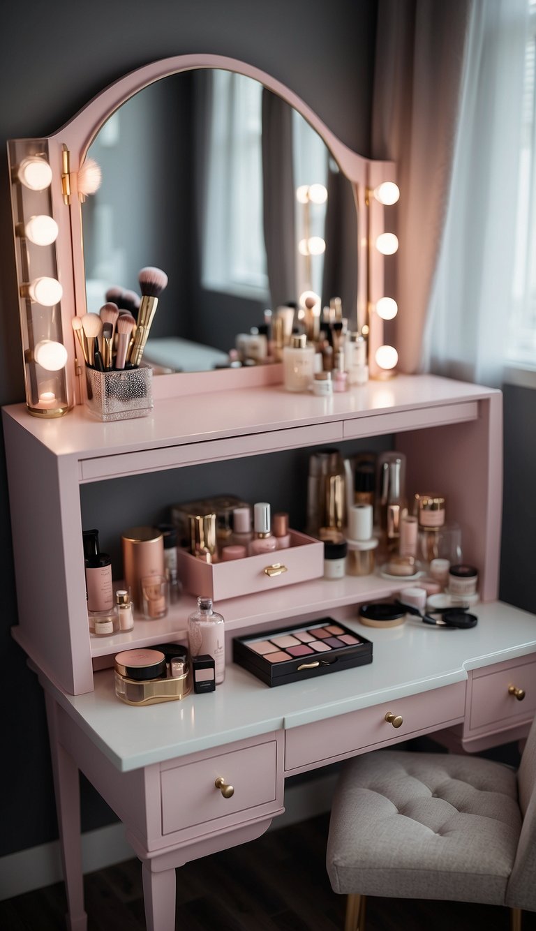 A blush pink makeup vanity sits in a grey and pink bedroom, with soft lighting and elegant decor