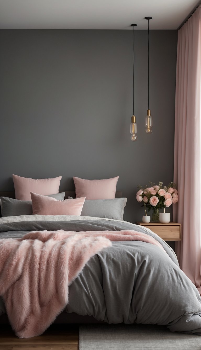 A cozy bedroom with soft grey walls, accented with blush pink pillows and curtains. A plush grey rug and pink throw blanket add warmth to the room