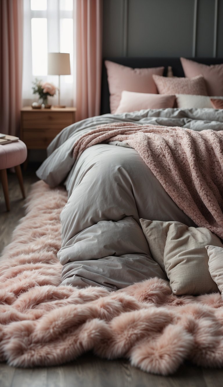 A cozy grey and pink bedroom with textured throw pillows, patterned curtains, and a plush rug