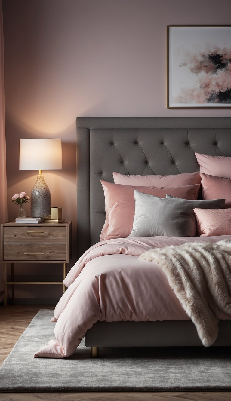 A cozy grey and pink bedroom with soft, fluffy pillows, a plush rug, and elegant curtains. A sleek nightstand with a stylish lamp completes the look