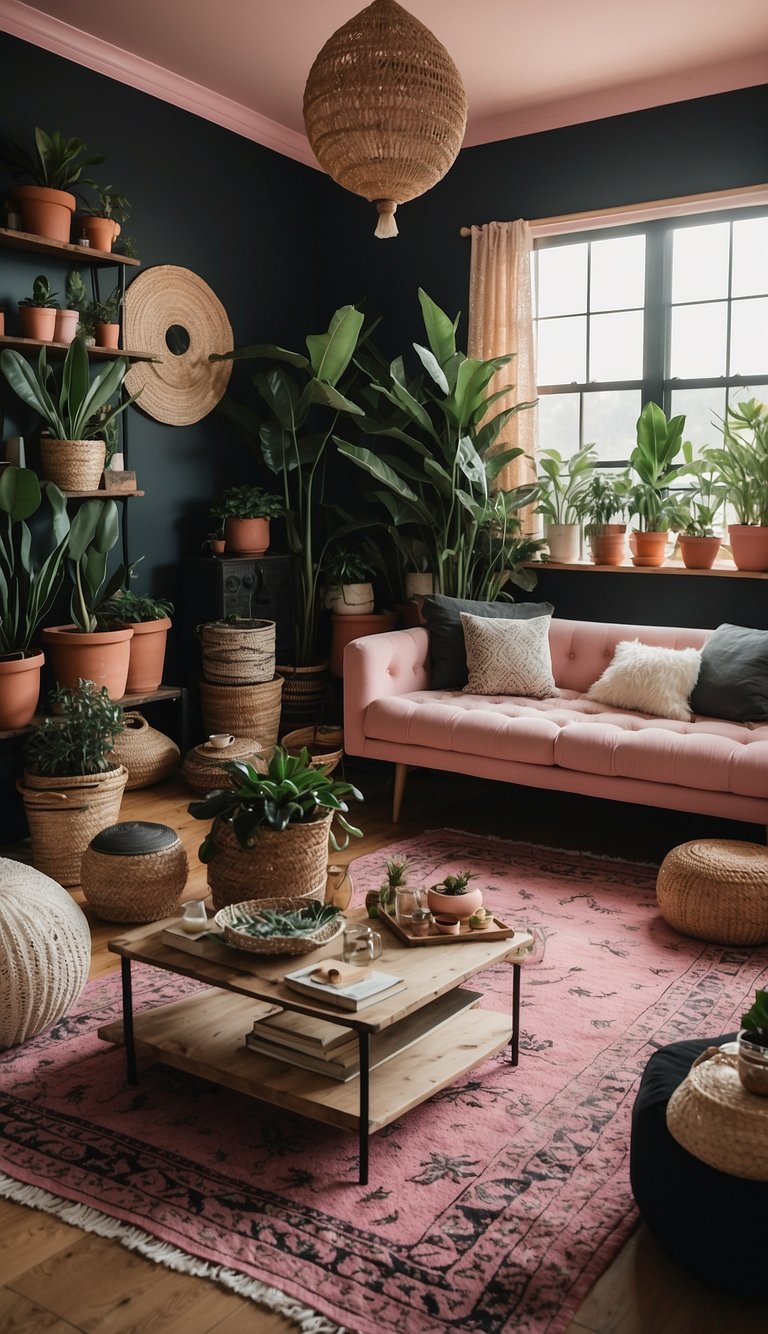 A bohemian pink and black room with eclectic decor and cozy accents. Lots of textures, patterns, and plants create a vibrant and inviting space