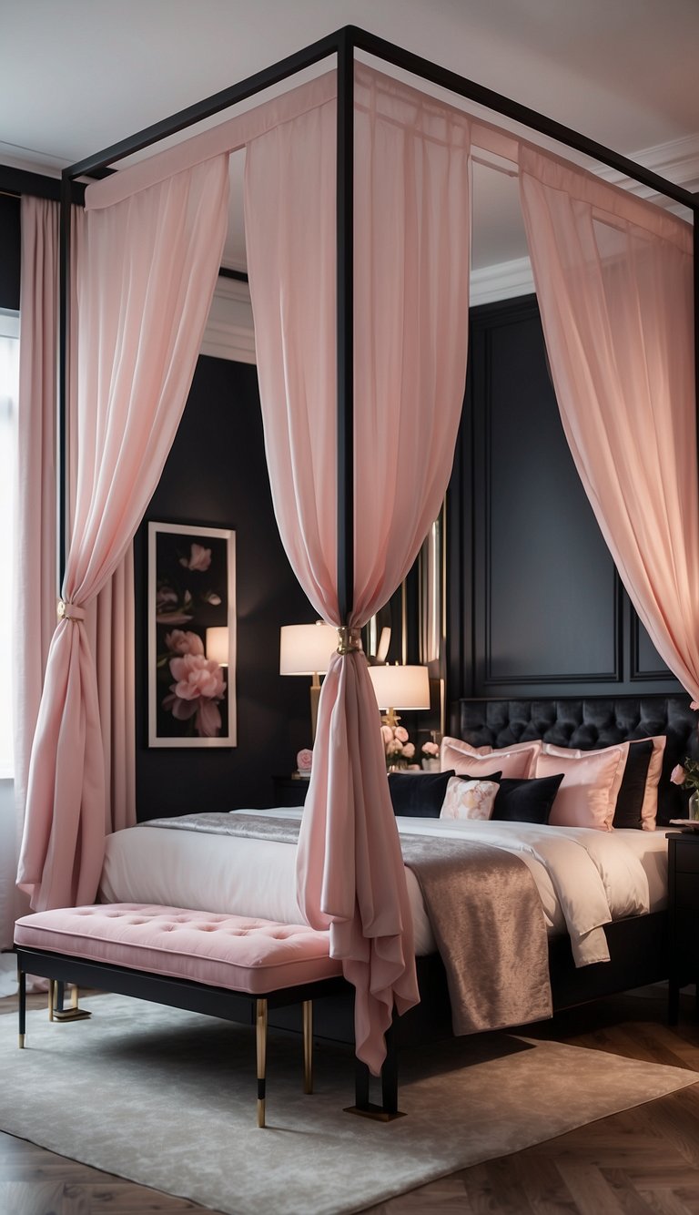 A luxurious pink and black canopy bed stands in a stylish bedroom, surrounded by chic decor and elegant furnishings