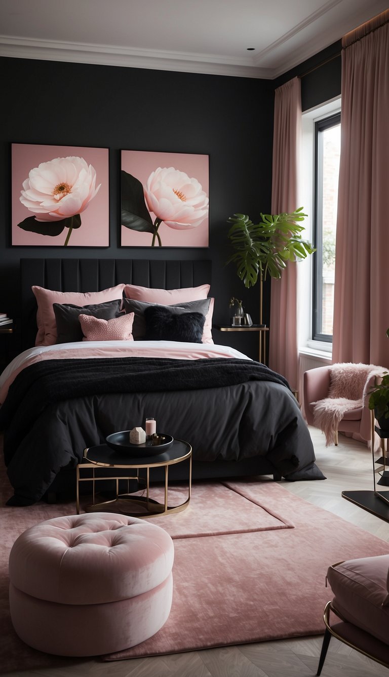 A pink and black bedroom with art on the walls, framed in black, creating a stylish and modern aesthetic