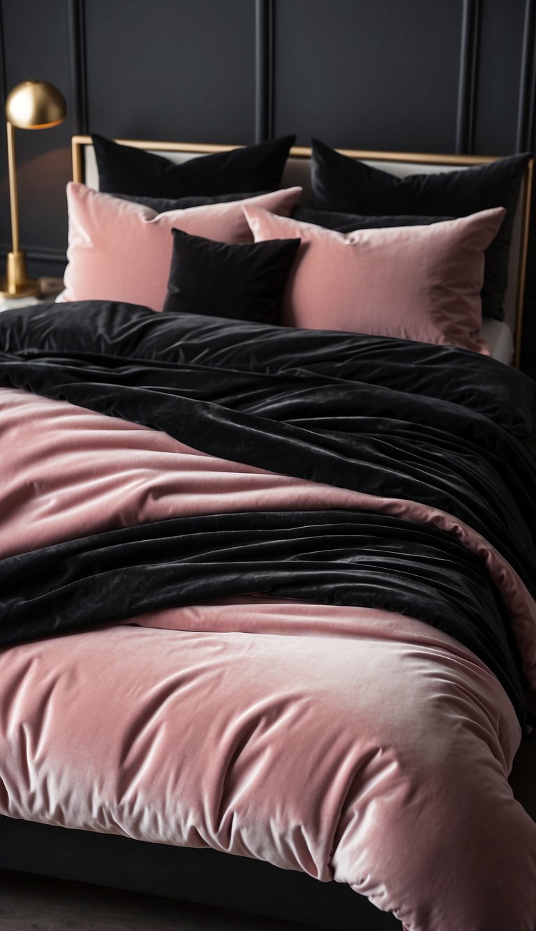 A luxurious velvet pink bedding with contrasting black throw pillows in a stylish bedroom setting