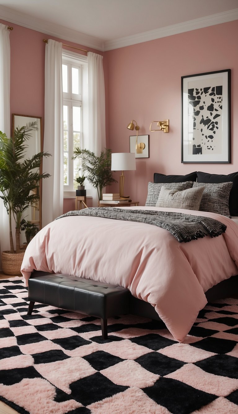 A pink and black checkered rug lies in the center of a stylish bedroom, surrounded by matching decor and accessories