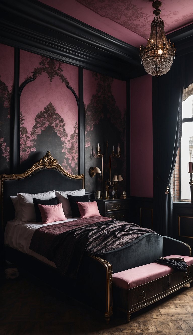 A bedroom with pink and black gothic wallpaper, adorned with dark furniture and accents. The room exudes a moody and dramatic atmosphere, with a hint of elegance and mystery