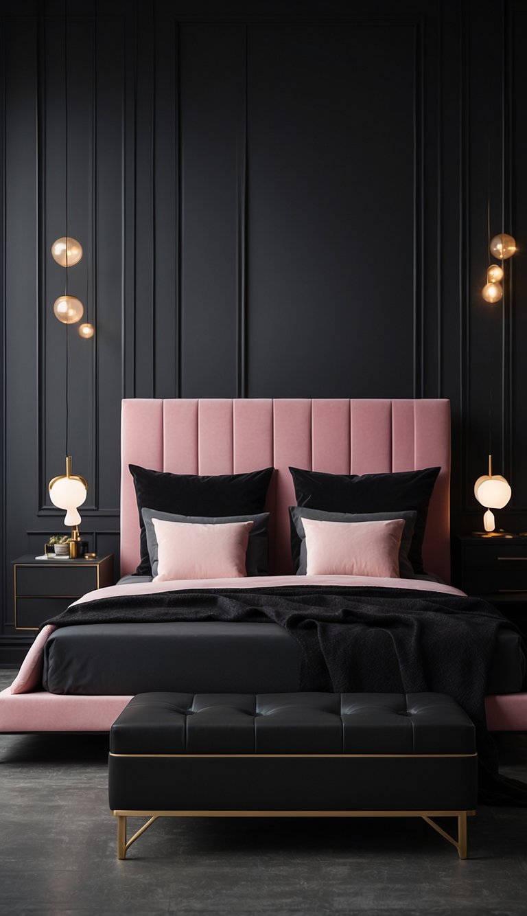 A black bed with pink pillows sits against a wall with black furniture, accented with pink trim. The room is stylish and modern, with a bold color scheme